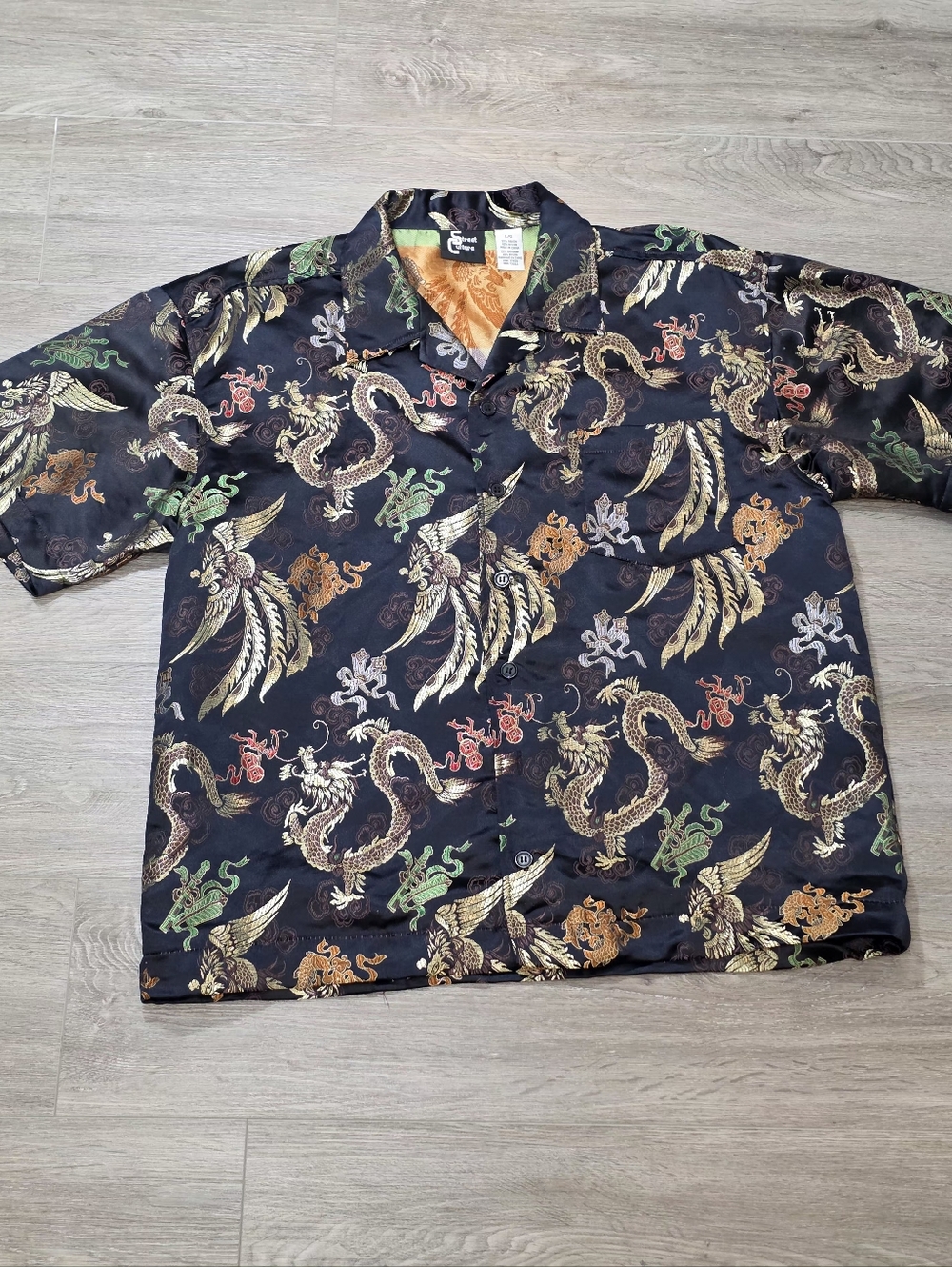 Vintage Y2K Street Culture Mens Sz L Dragon Oriental Brocade Button Up Shirt